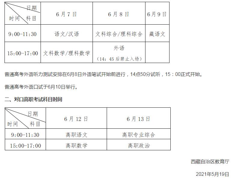 2021年西藏关于普通高等学校招生考试和对口高职考试安排的通知